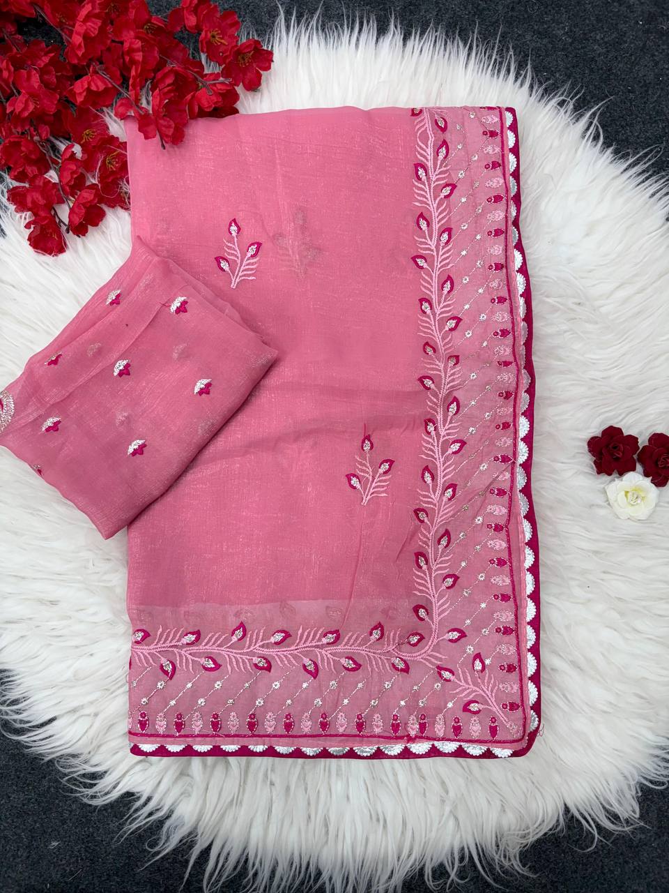 Pink Designer Crunchy Chiffon Silk Saree