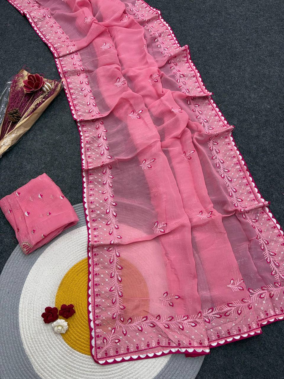 Pink Designer Crunchy Chiffon Silk Saree