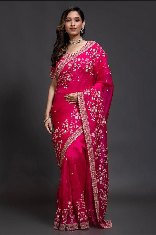 Pink Designer Organza Silk Saree | Replica Design