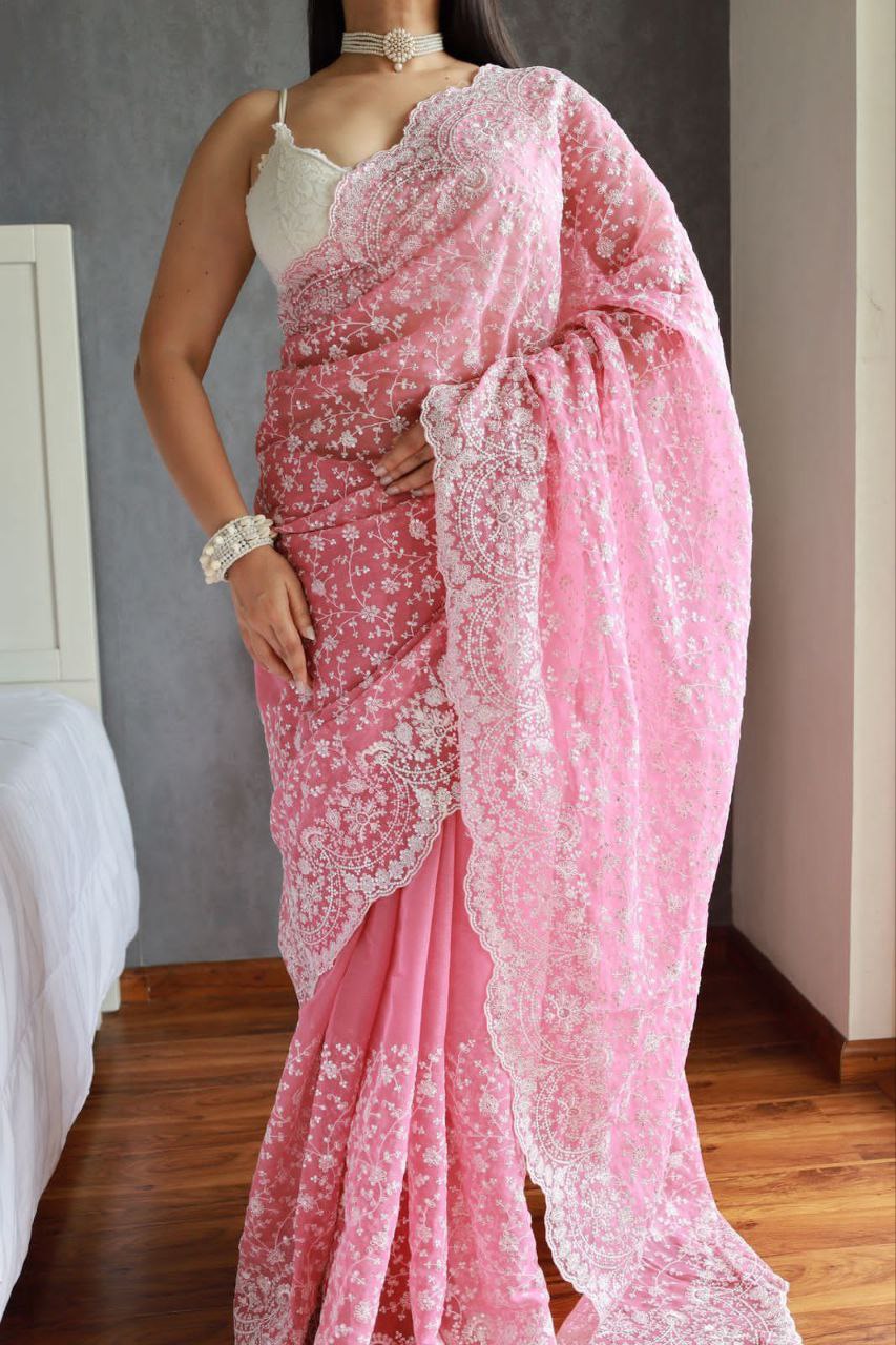 Pink Designer Party Wear Simmer Silk Saree