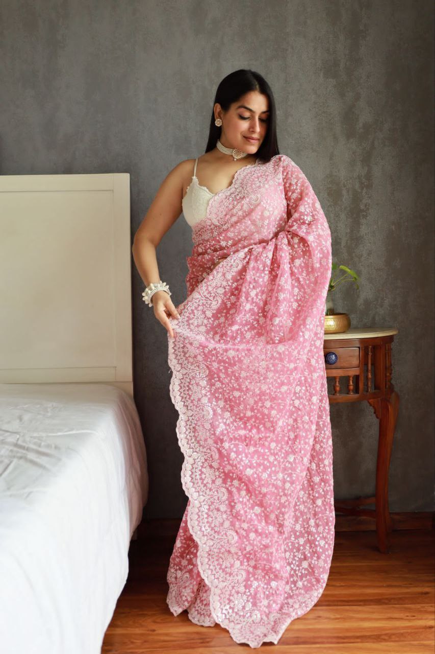 Pink Designer Party Wear Simmer Silk Saree