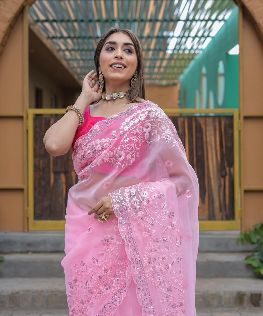 Pink Designer Pure Organza Silk Saree