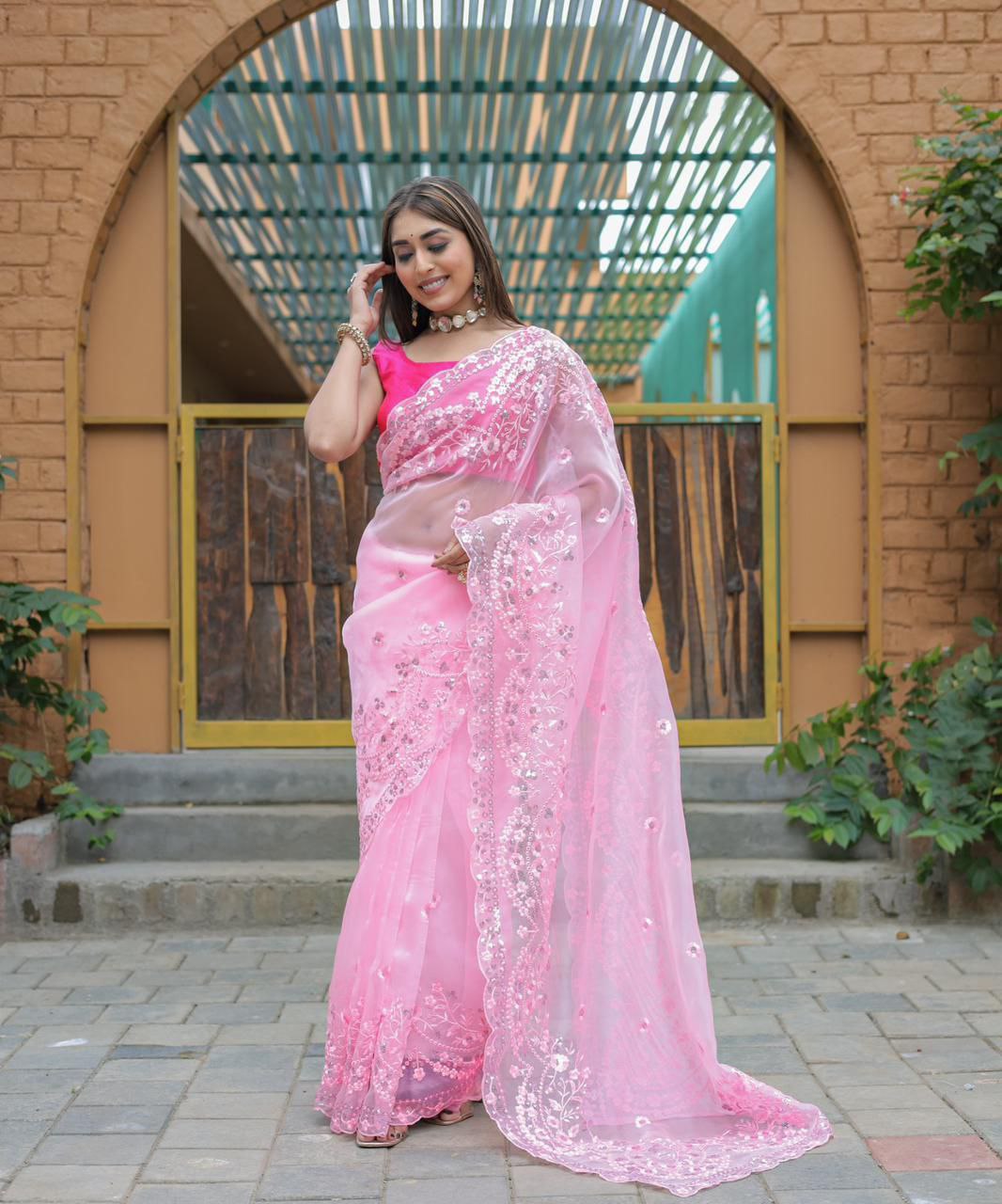 Pink Designer Pure Organza Silk Saree