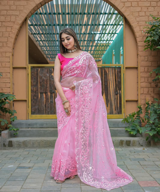 Pink Designer Pure Organza Silk Saree