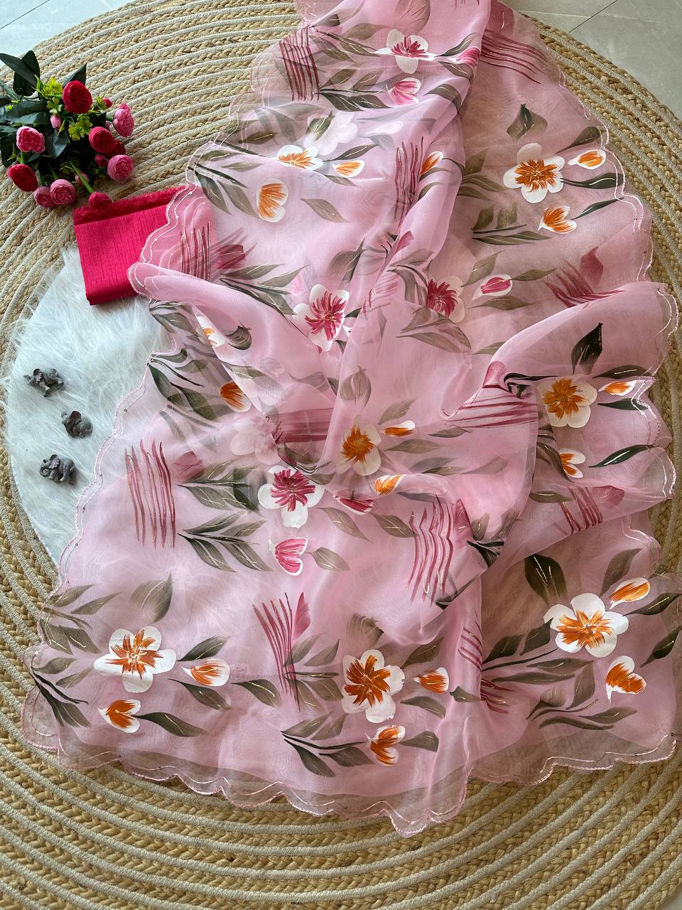 Pink Floral Handprinted Organza Silk Saree