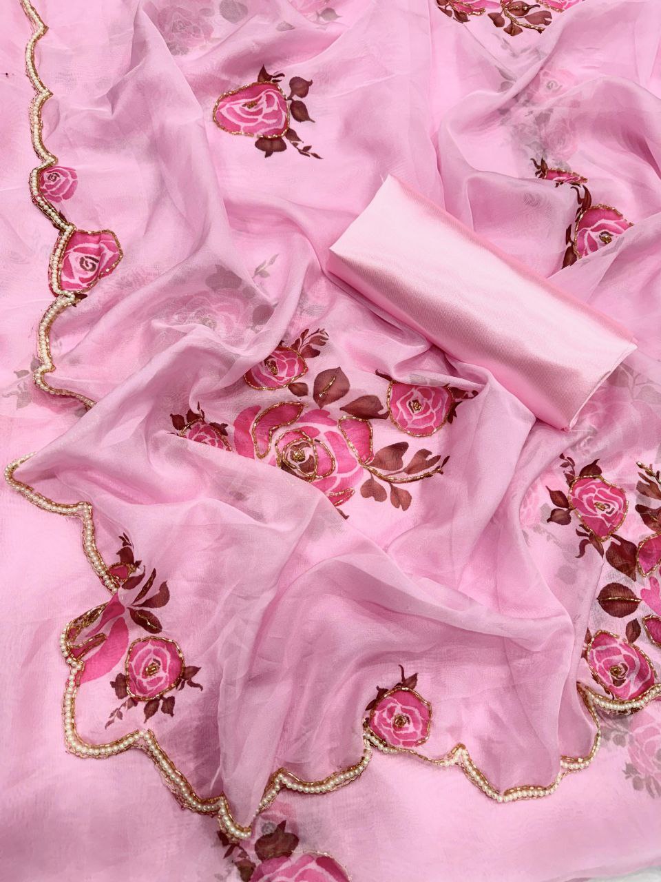 Pink Floral Handwork Organza Saree | Replica Design