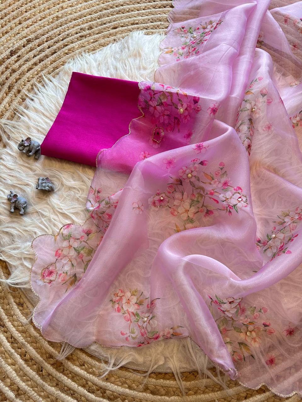 Pink Floral Organza Silk Saree