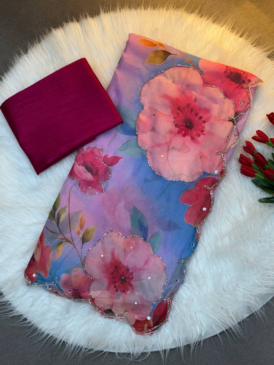 Pink Floral Tabby Organza Saree