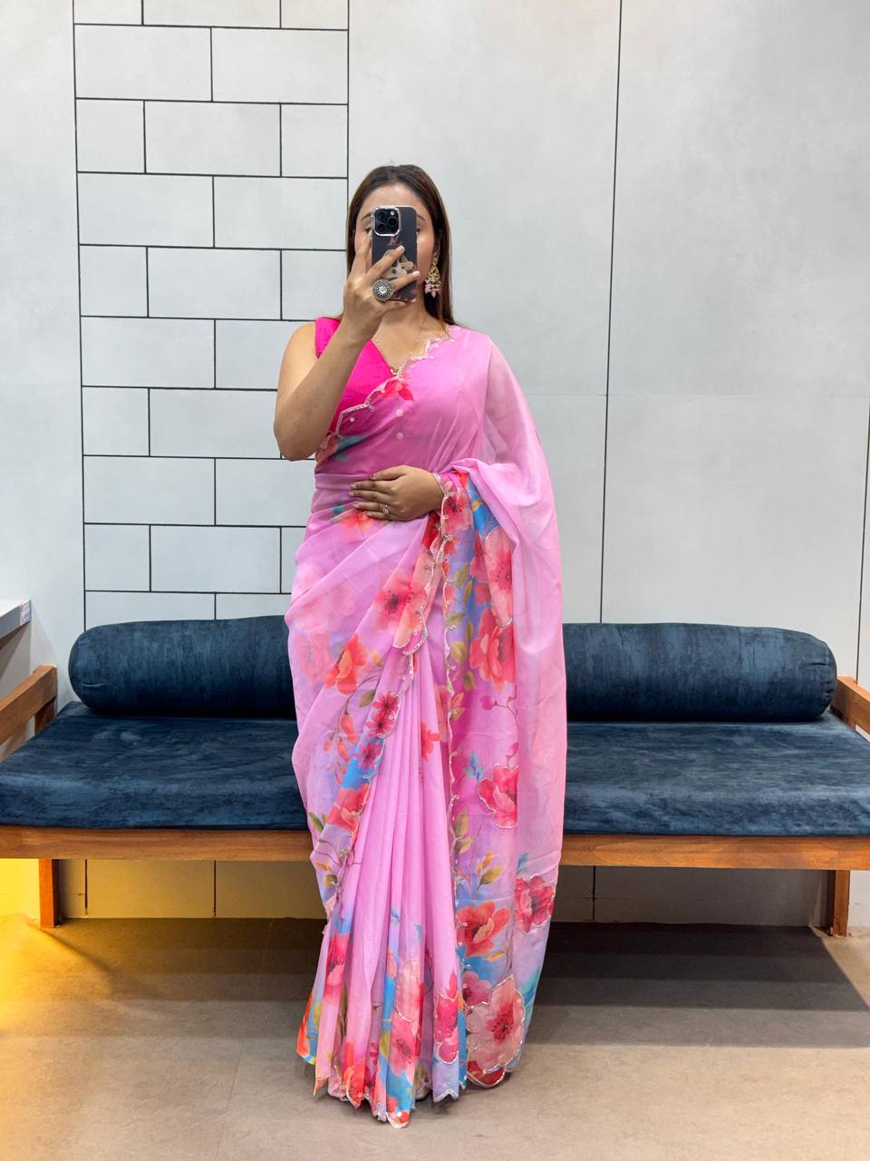 Pink Floral Tabby Organza Saree