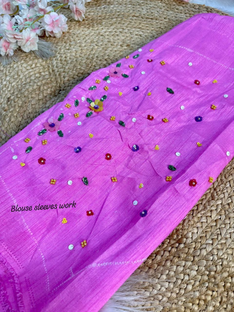 Pink Floral Tabby Silk Saree