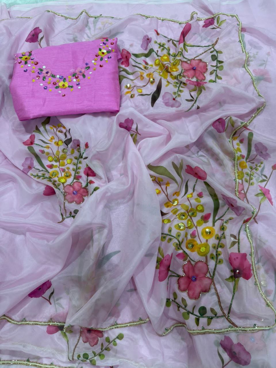 Pink Floral Tabby Silk Saree