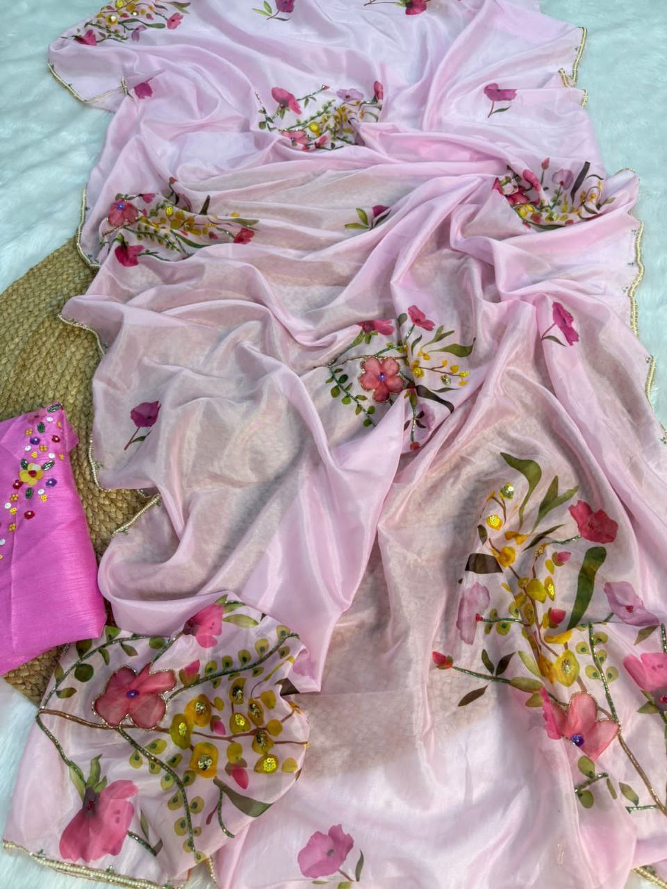 Pink Floral Tabby Silk Saree