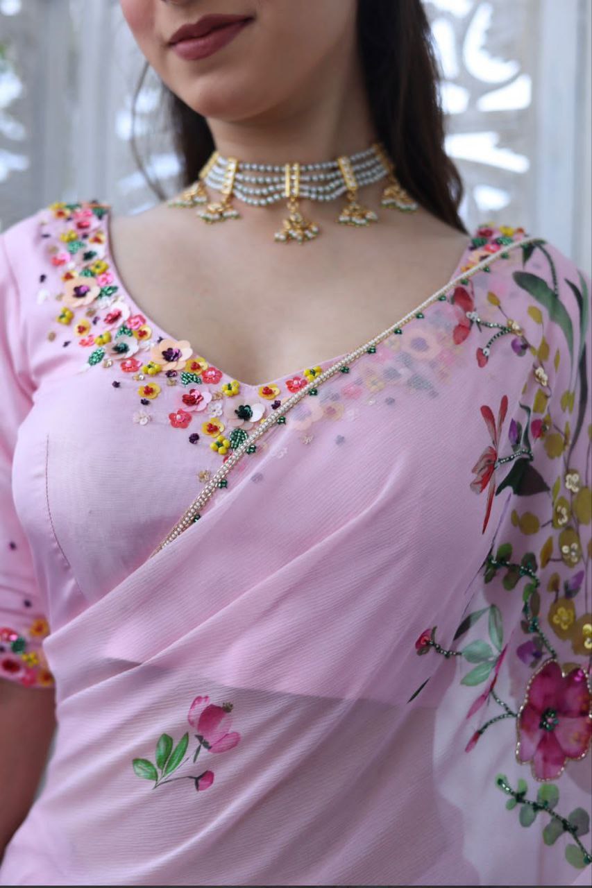 Pink Floral Tabby Silk Saree