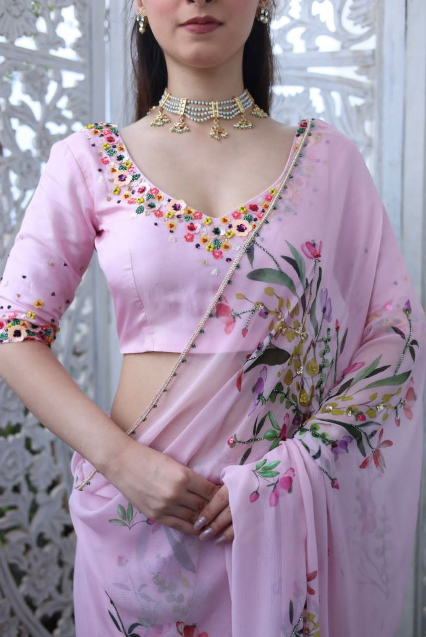 Pink Floral Tabby Silk Saree