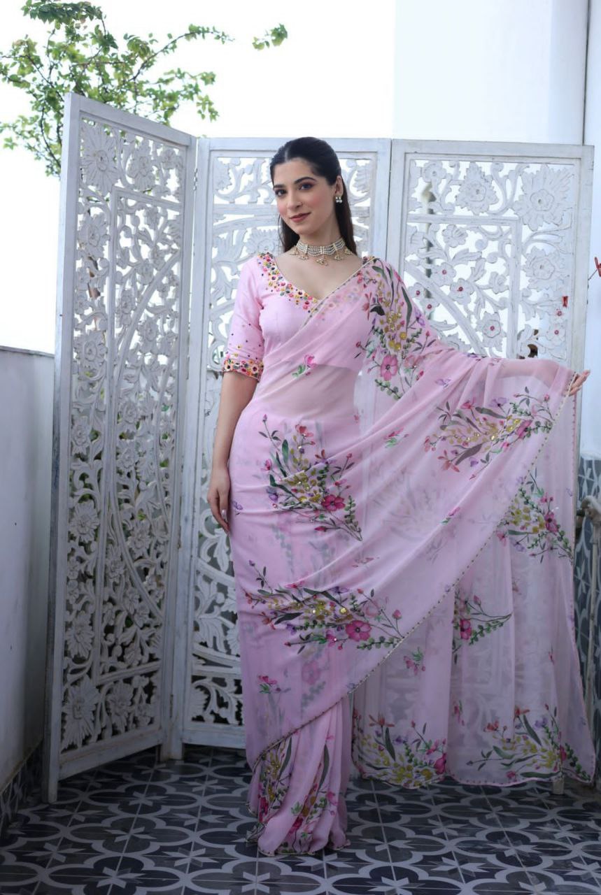 Pink Floral Tabby Silk Saree