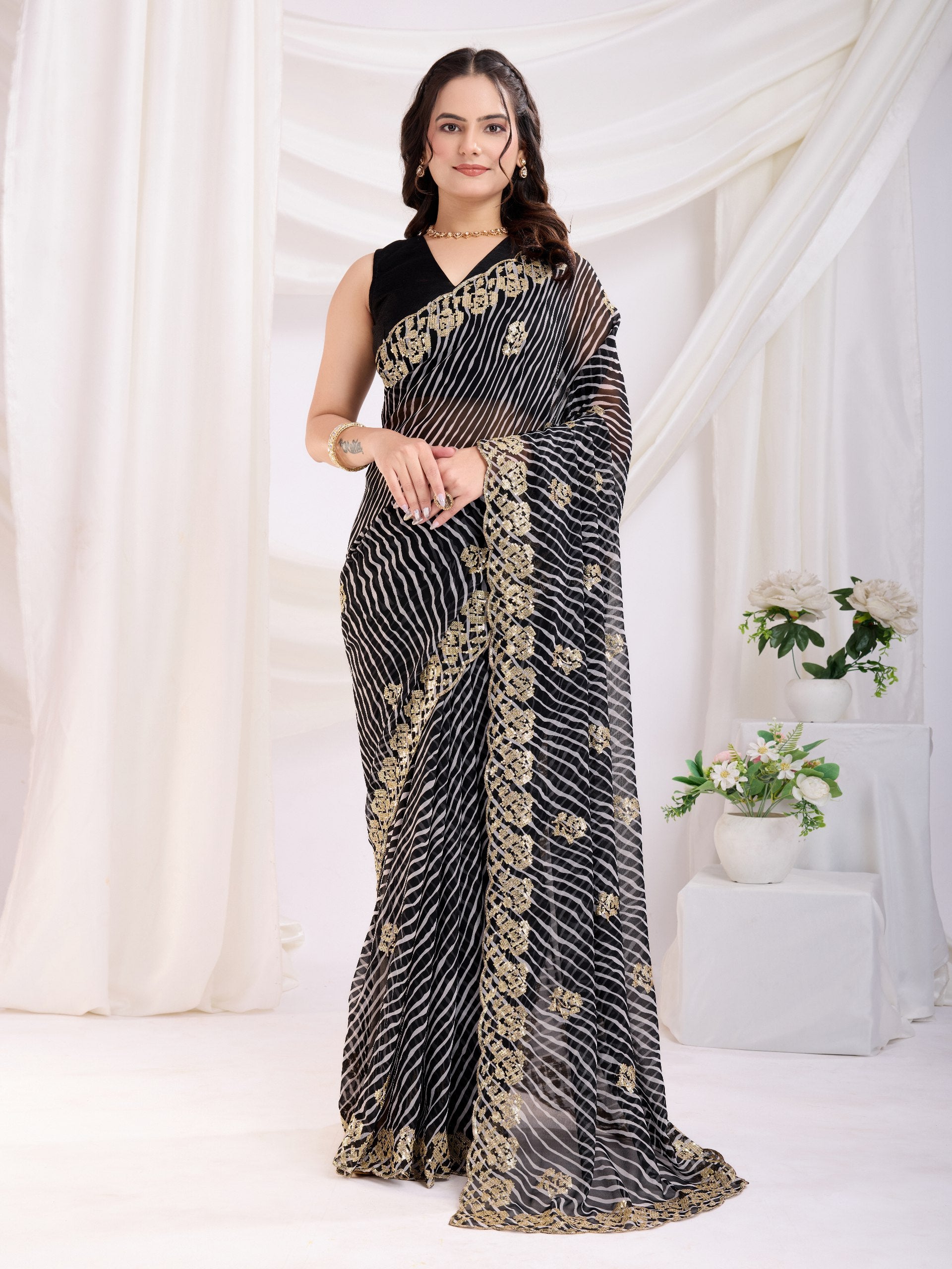 Black Laheriya Bandhej Georgette Saree