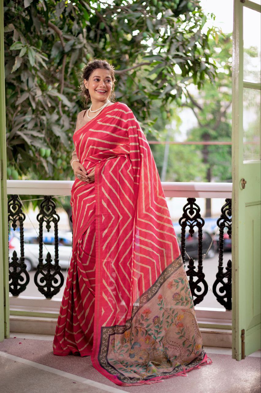 Pink Leheriya Printed Tussar Silk Saree