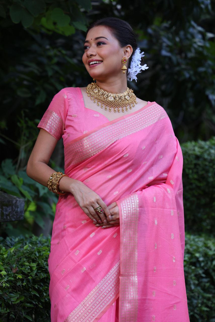 Pink Maheshwari Tissue Silk Weaving Saree