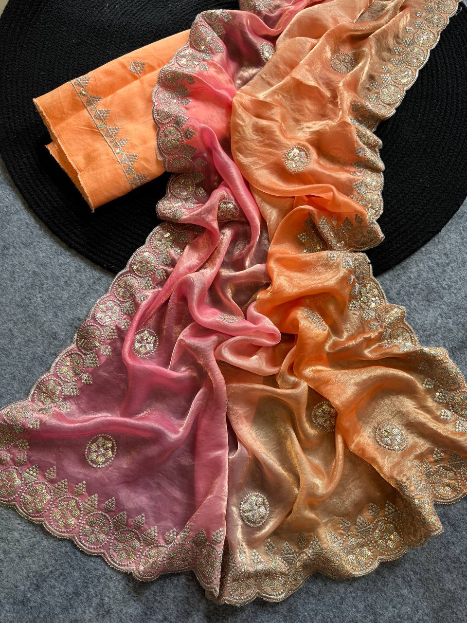 Pink & Orange Fandy Chiffon Saree