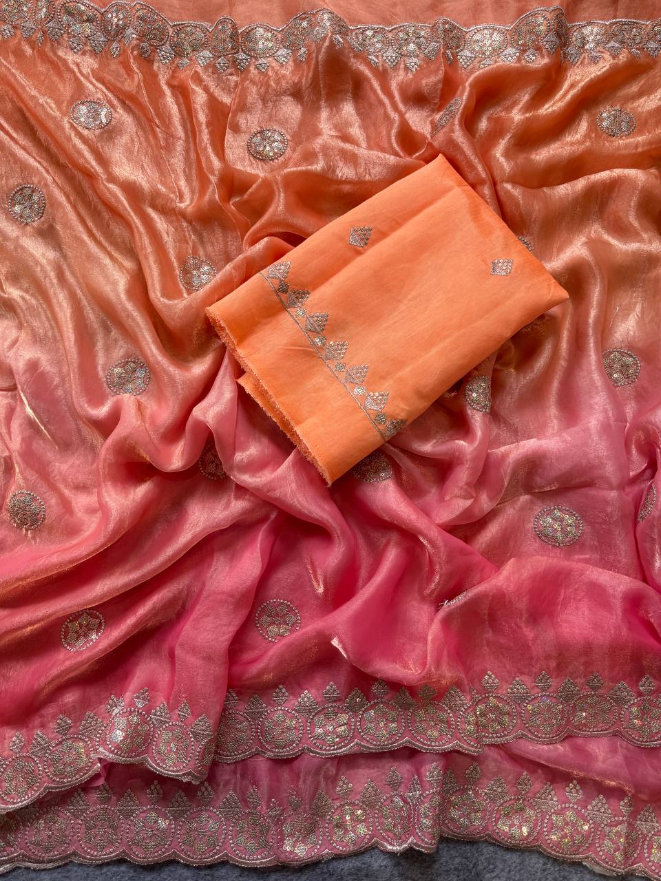 Pink & Orange Fandy Chiffon Saree