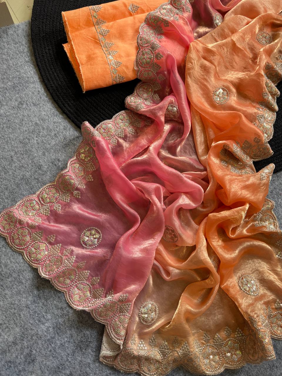 Pink & Orange Fandy Chiffon Saree