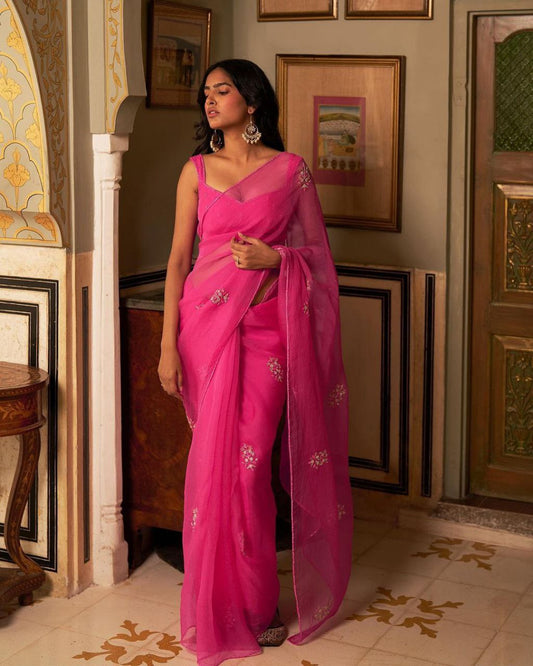 Pink Organza Silk Saree