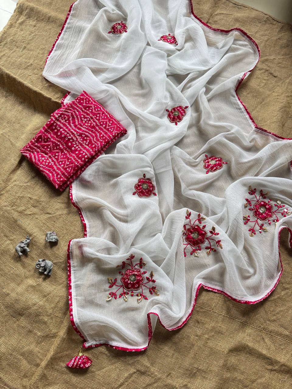 Pink Party Wear Designer Chiffon Cunchy Silk Saree