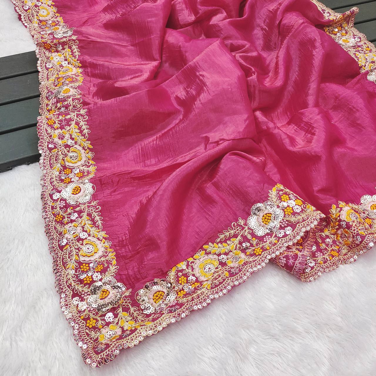 Pink Party Wear Designer Crush Silk Saree
