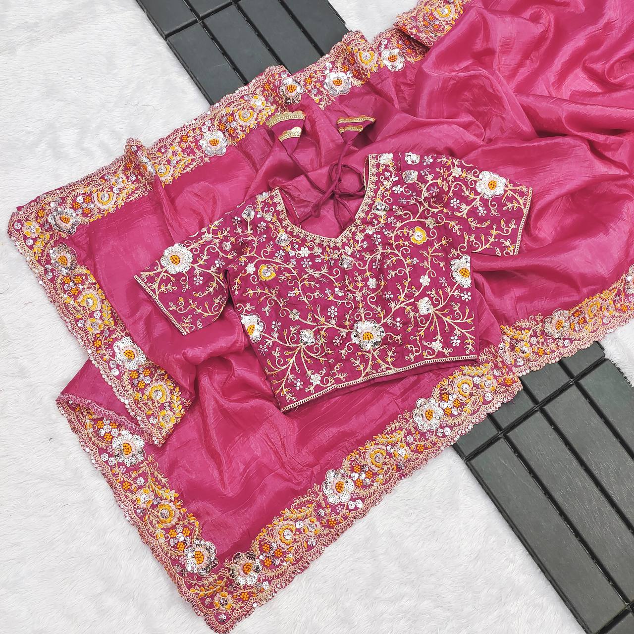 Pink Party Wear Designer Crush Silk Saree