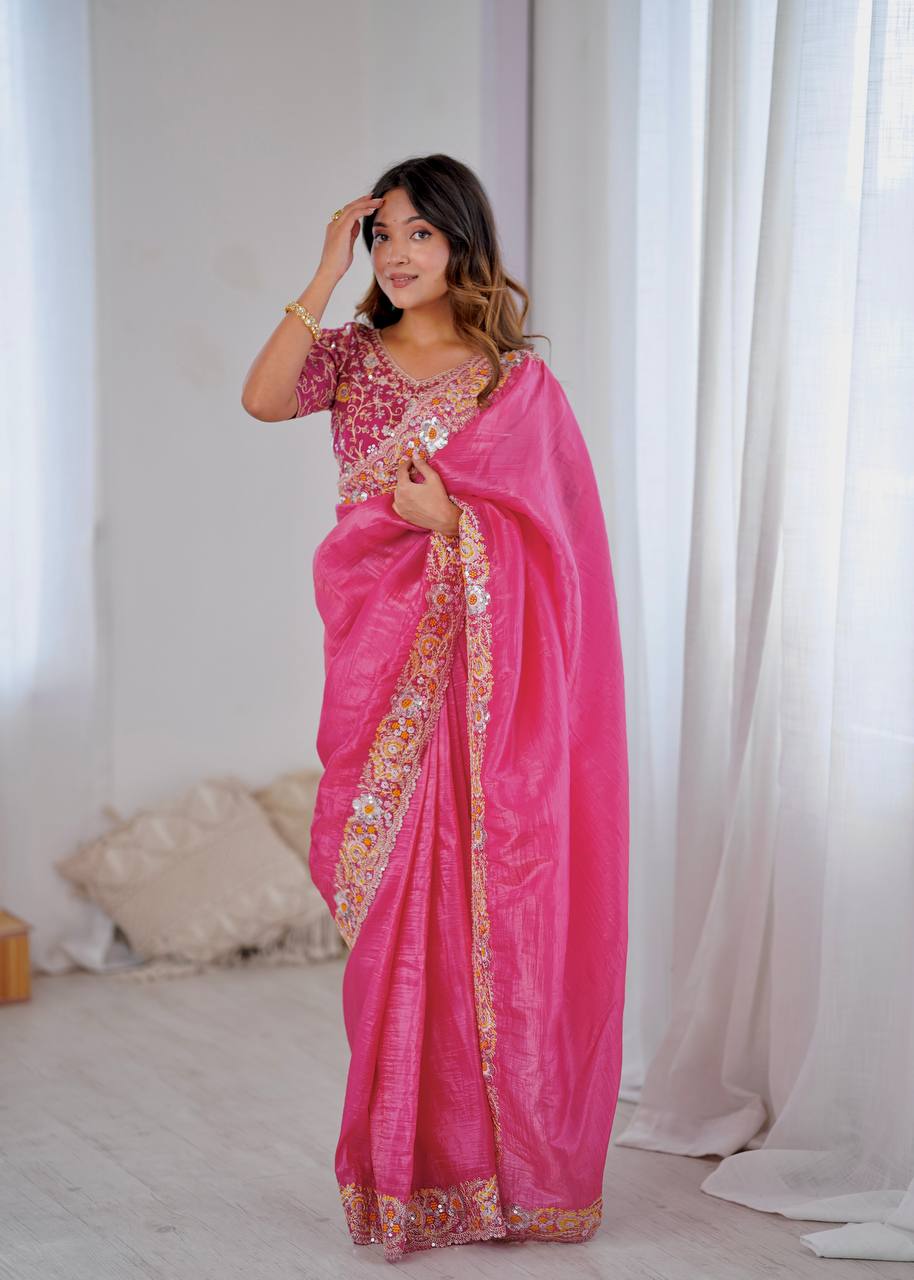 Pink Party Wear Designer Crush Silk Saree