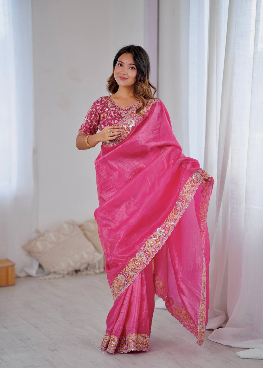 Pink Party Wear Designer Crush Silk Saree