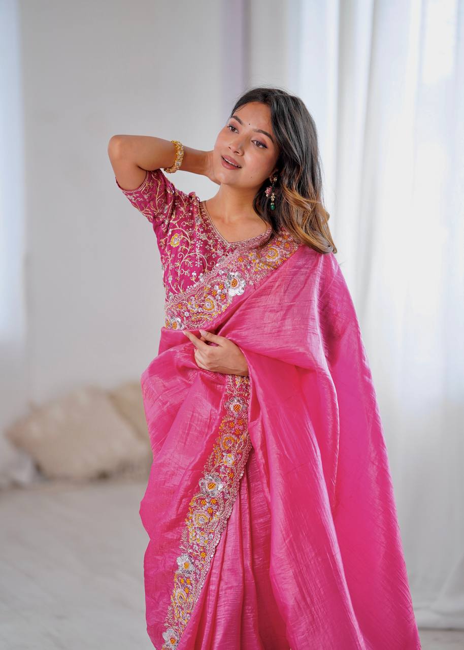 Pink Party Wear Designer Crush Silk Saree