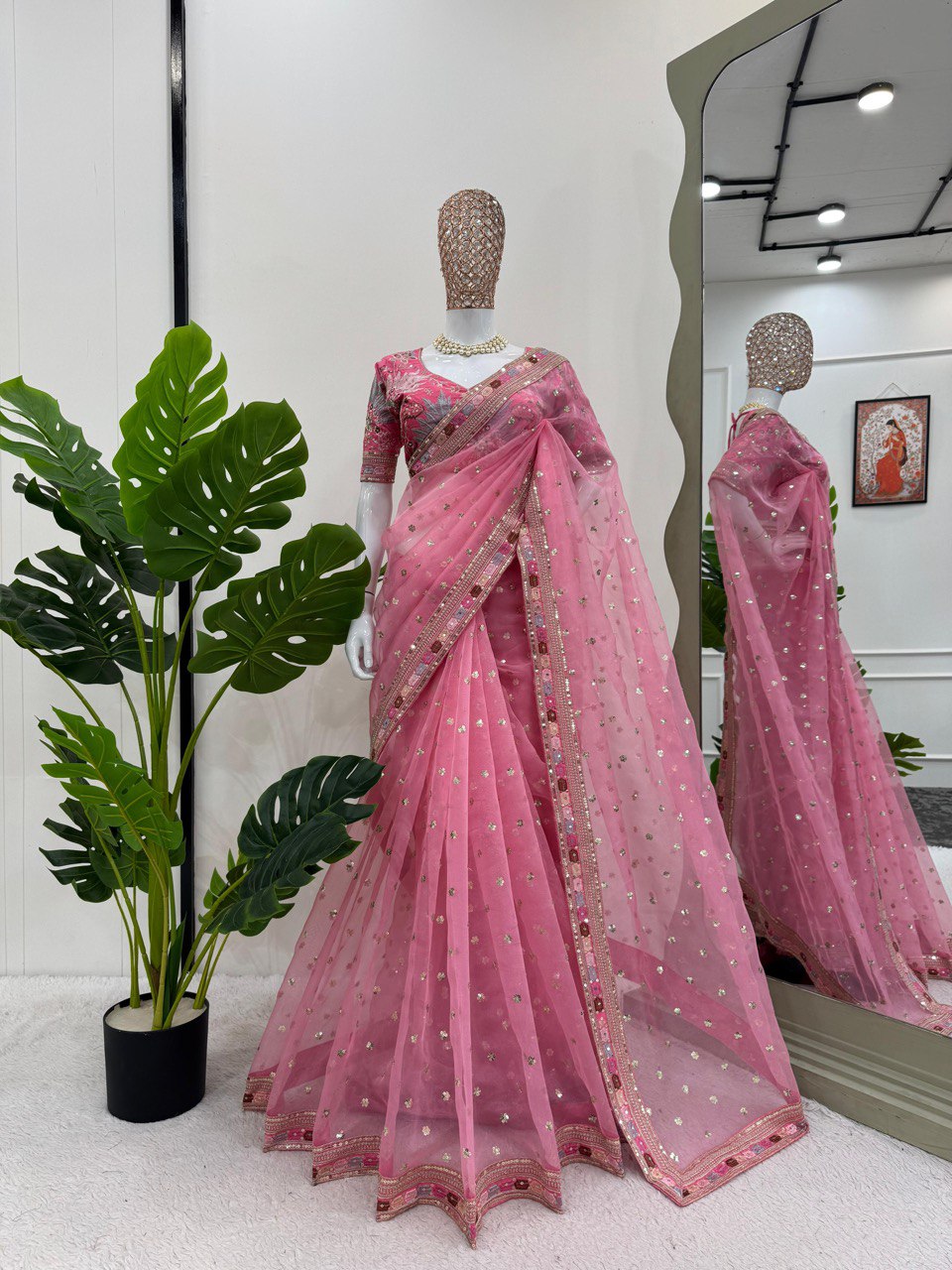 Pink Party Wear Organza Silk Saree