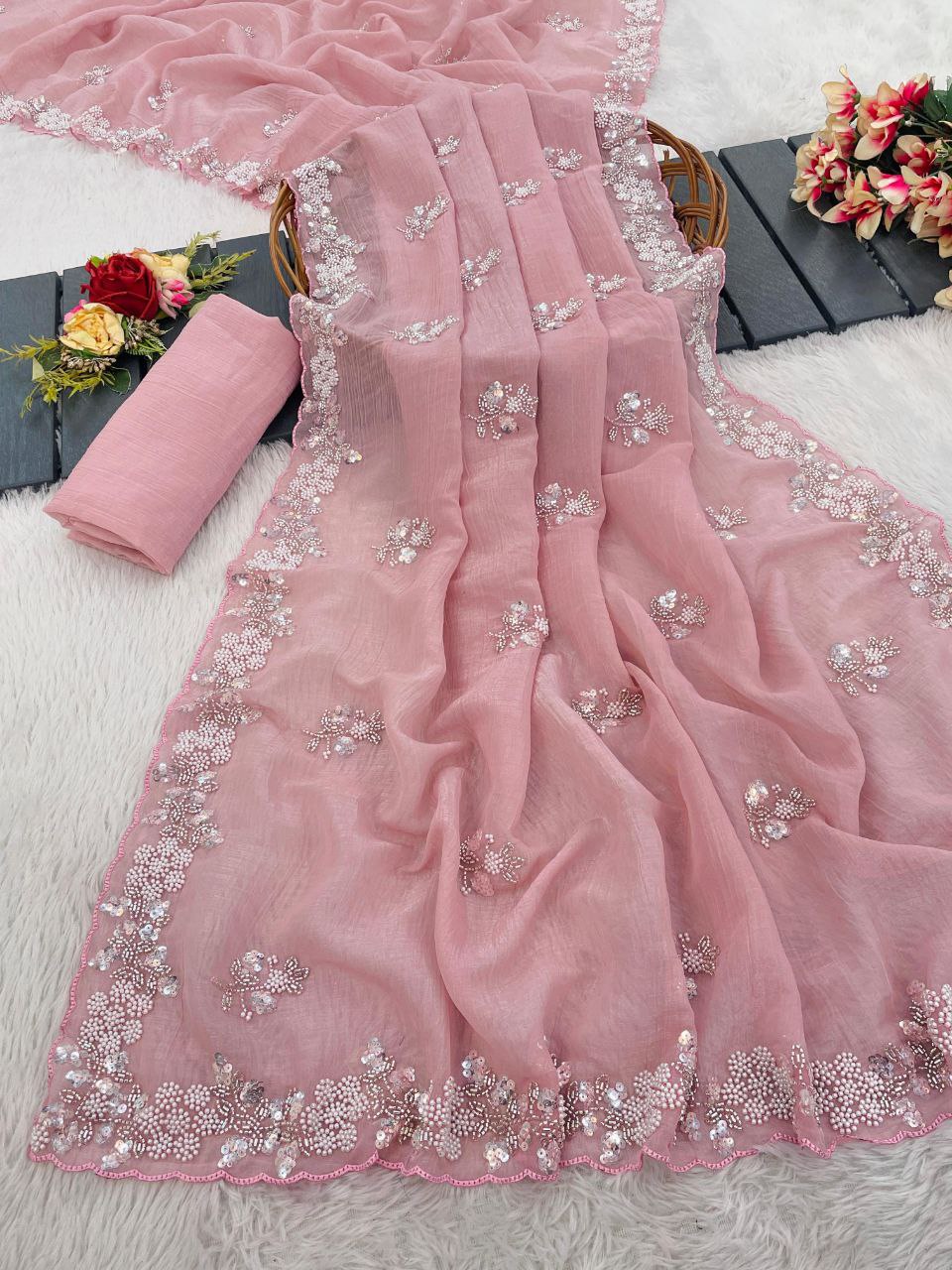 Pink Party Wear Pixel Crush Saree