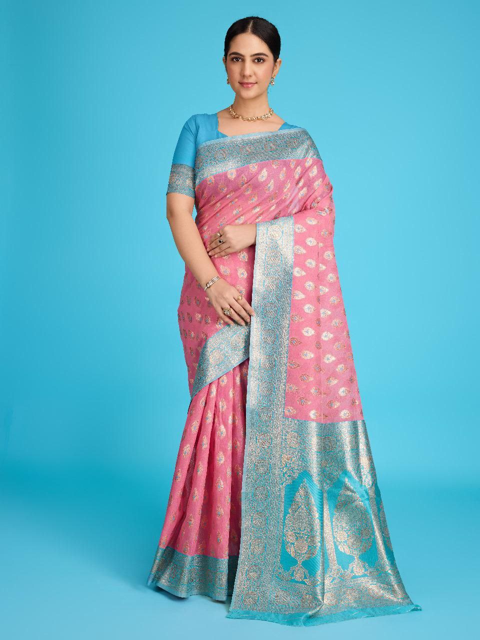 Pink Pure Linen Banarasi Silk Saree