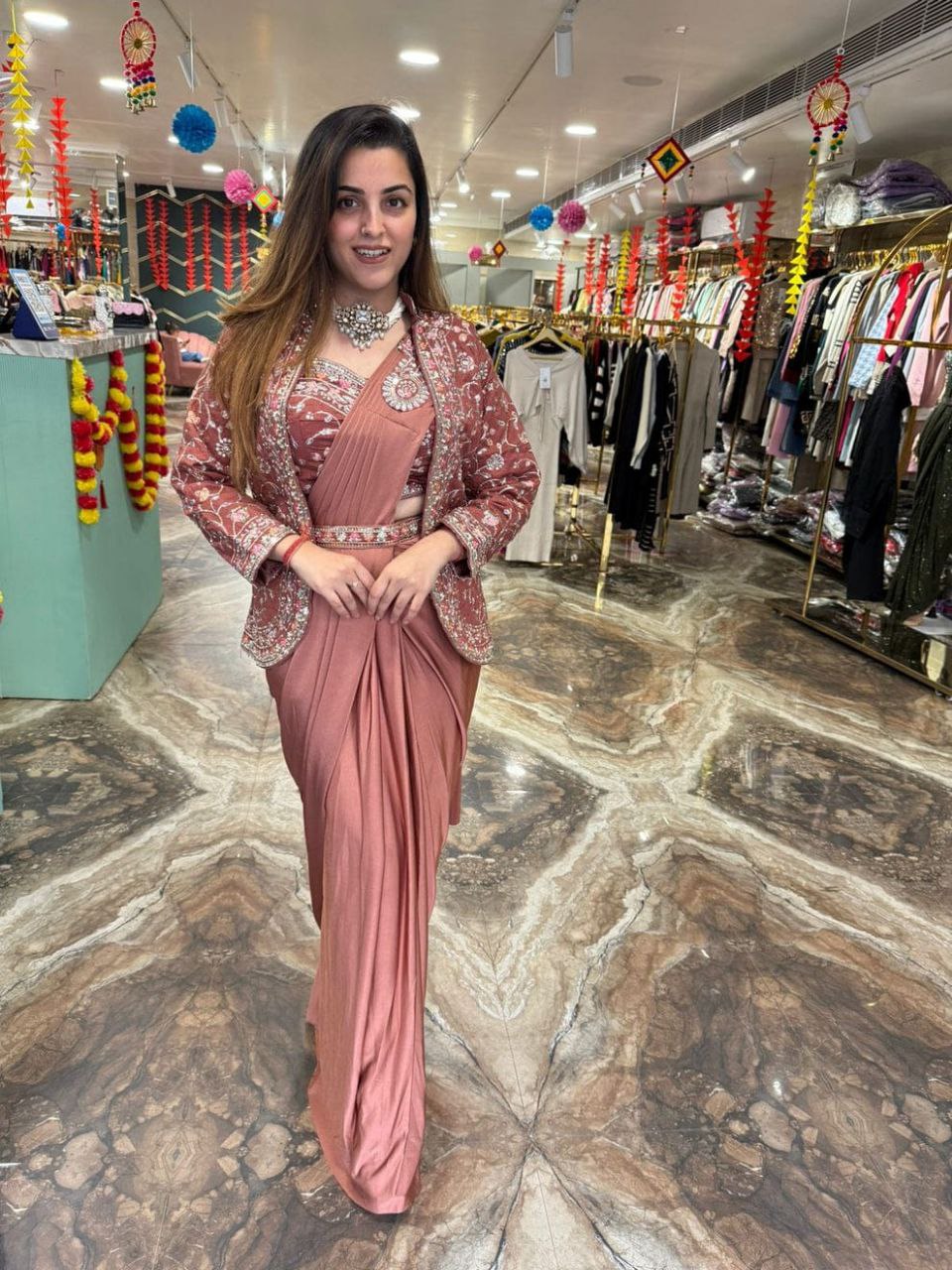 Pink Ready To Wear Diamond Satin Silk Saree