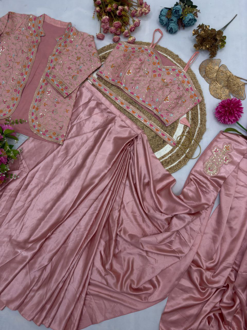 Pink Ready To Wear Diamond Satin Silk Saree