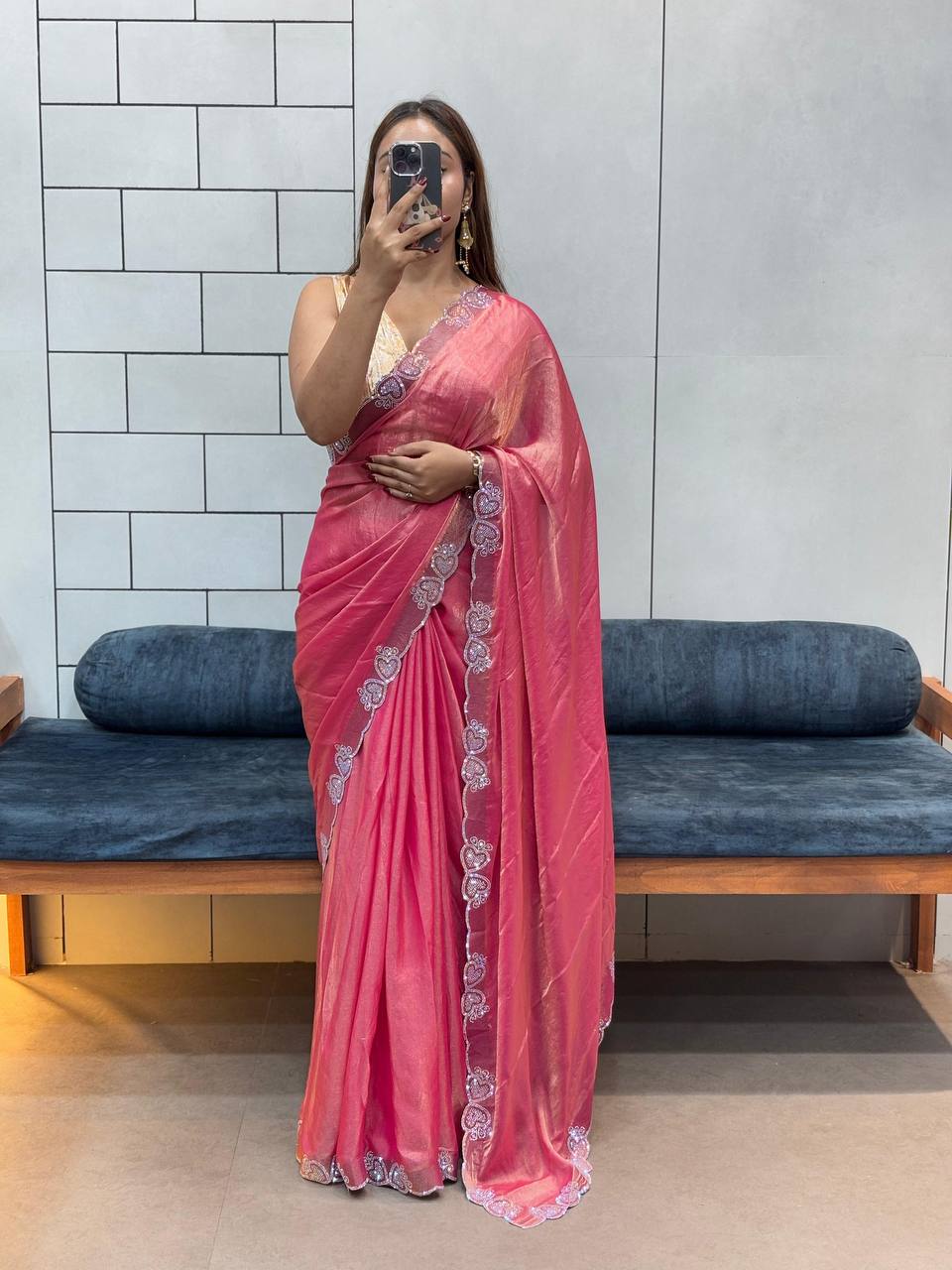 Pink Stylish Diamond Work Space Silk Saree