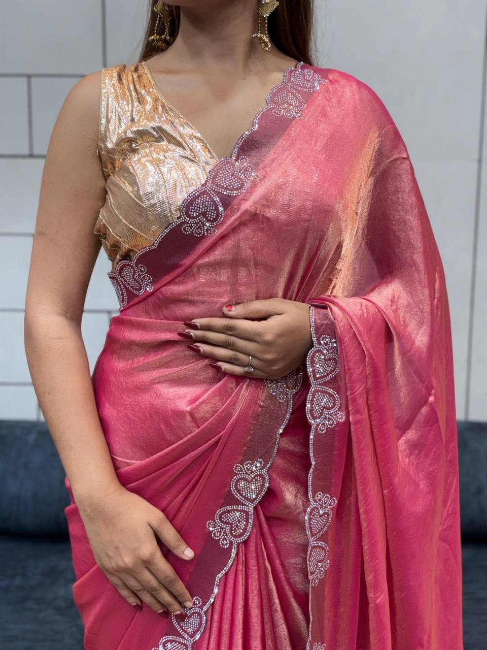 Pink Stylish Diamond Work Space Silk Saree