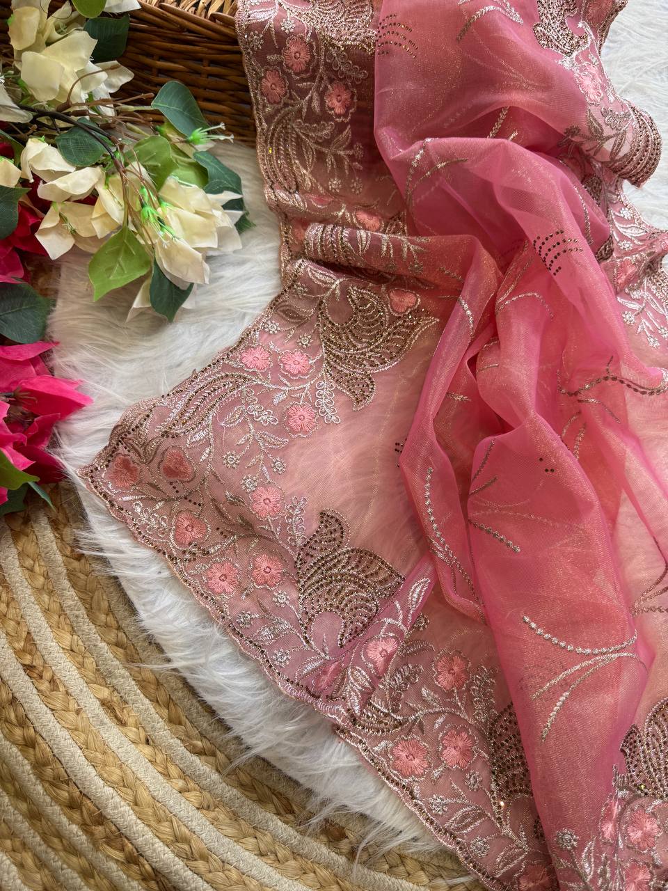Pink Stylish Pure Tissue Silk Saree