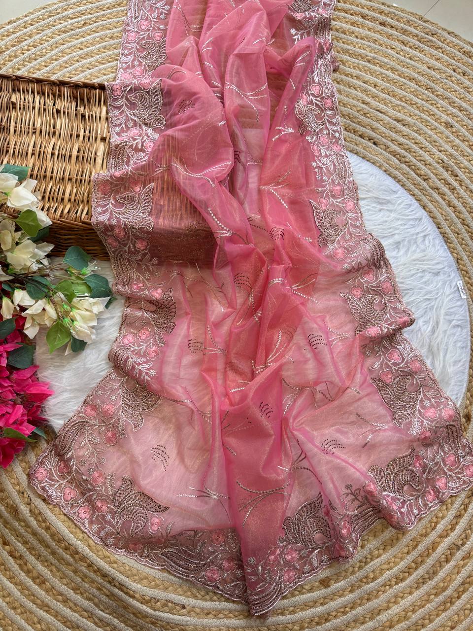 Pink Stylish Pure Tissue Silk Saree