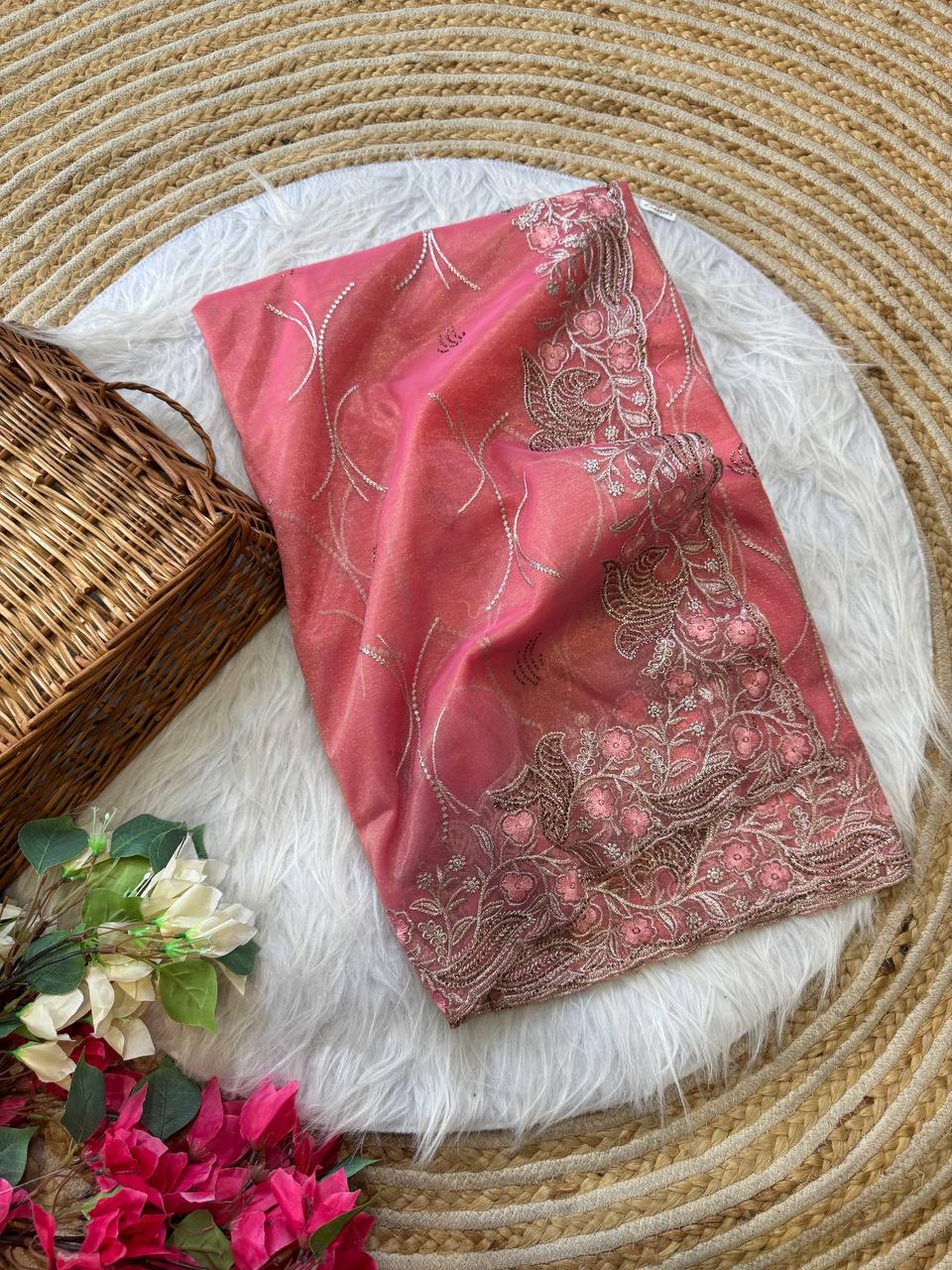 Pink Stylish Pure Tissue Silk Saree