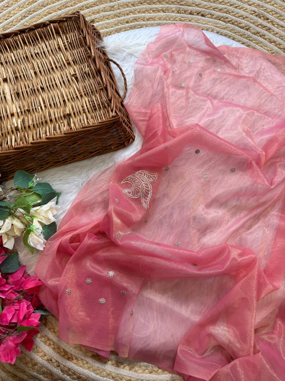 Pink Stylish Pure Tissue Silk Saree