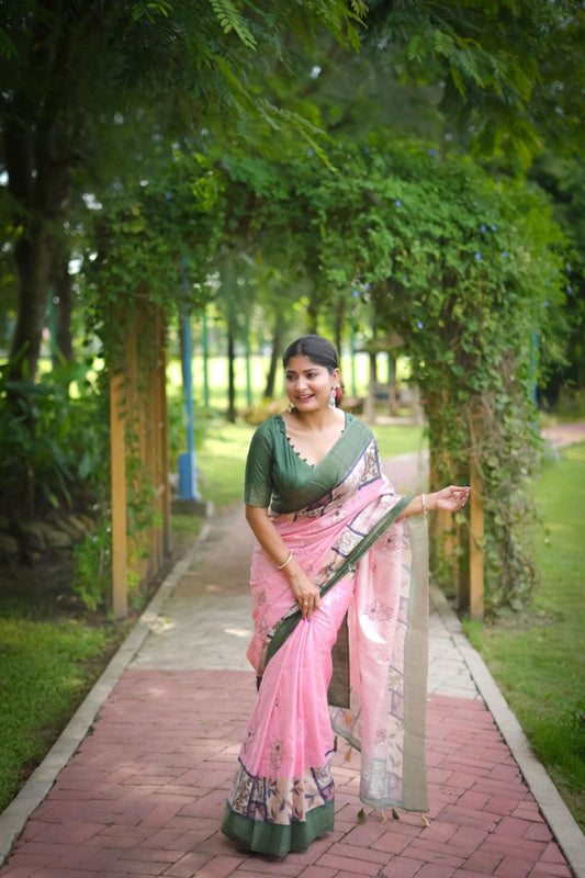 Pink Stylish Tussar Silk Saree