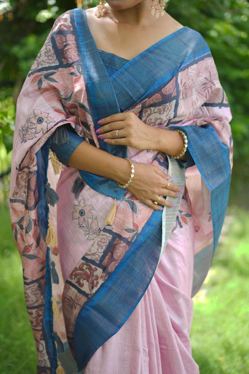 Pink Stylish Tussar Silk Saree