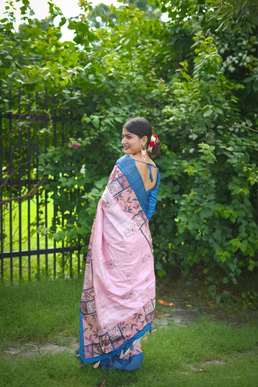 Pink Stylish Tussar Silk Saree