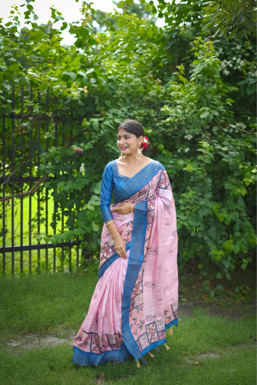 Pink Stylish Tussar Silk Saree