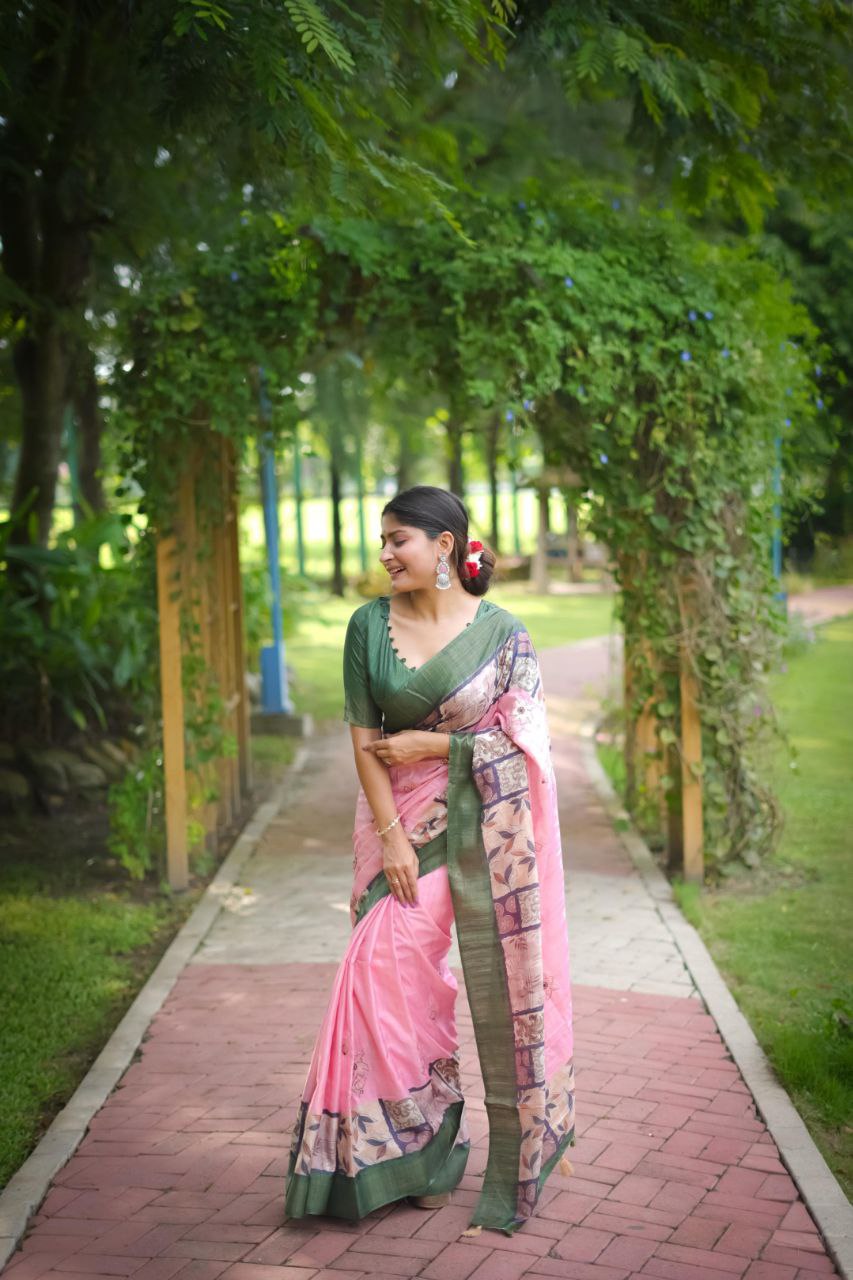 Pink Stylish Tussar Silk Saree