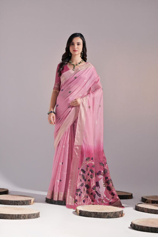 Pink Traditional Muga Cotton Saree