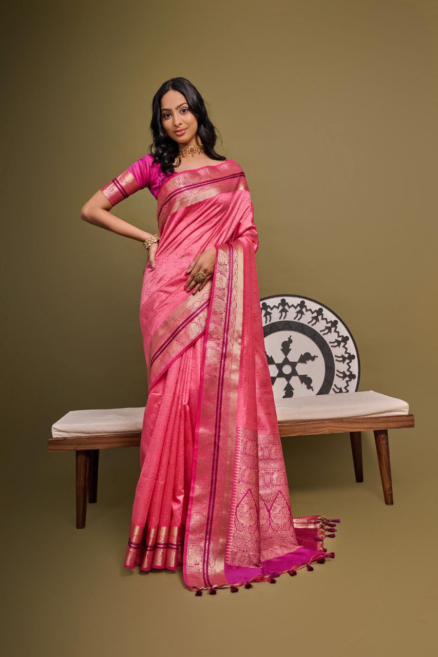 Pink Traditional Tussar Silk Saree